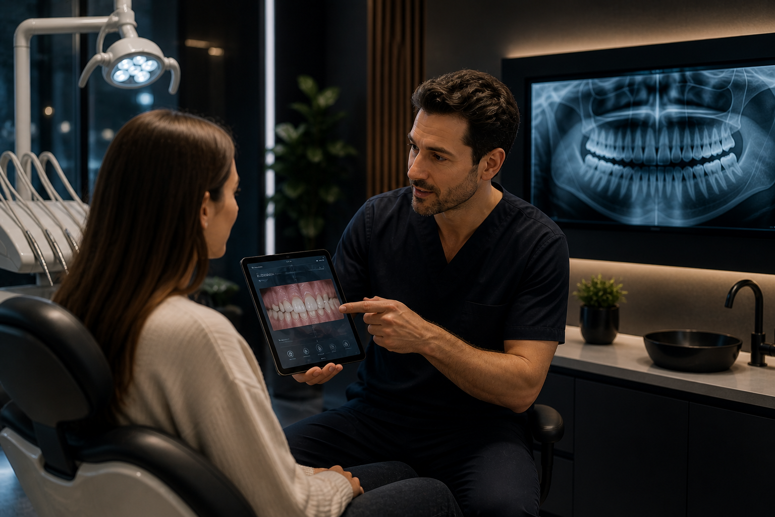 dentista mostrando diagnostico digital paciente clinica dental tecnologia avanzada
